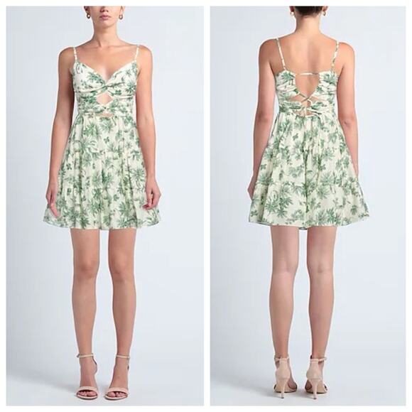 Sandro Mini Sun Dress Linen Palm Trees White Green Size 2 - Picture 1 of 7